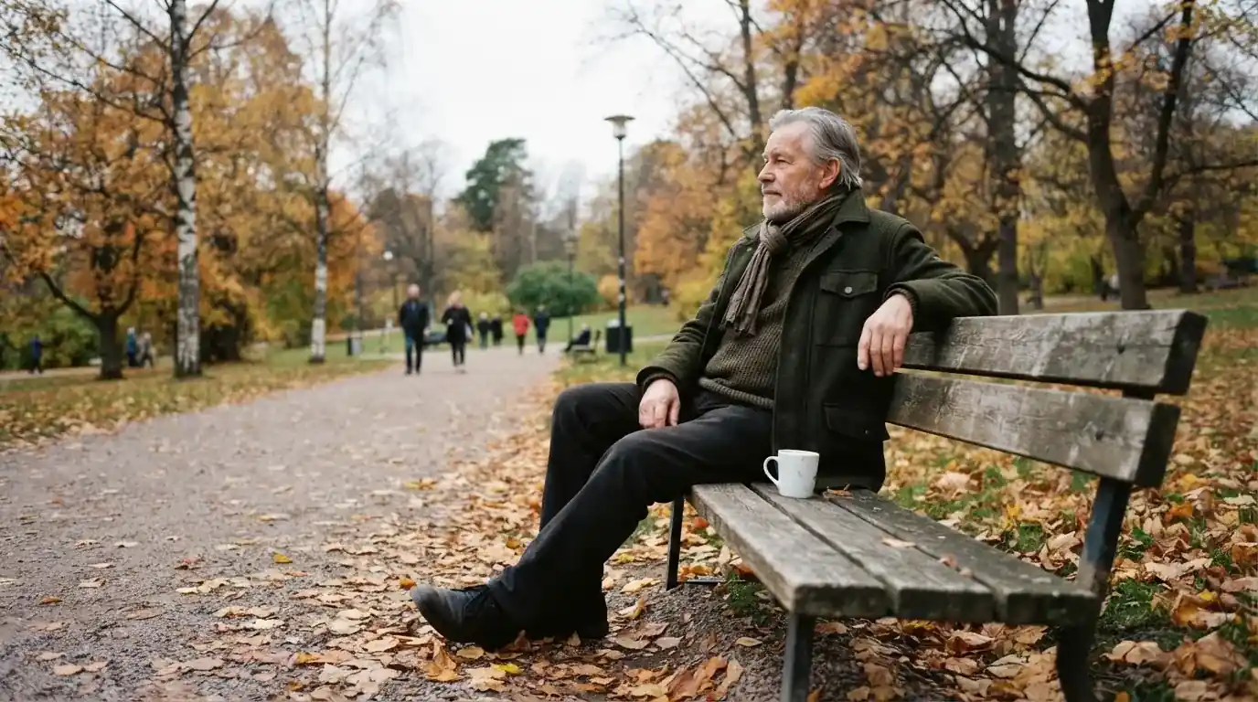 Vanhempi mies istuu puistonpenkillä syksyisessä valossa katsoen kaukaisuuteen, kahvikuppi vierellä penkin reunalla.