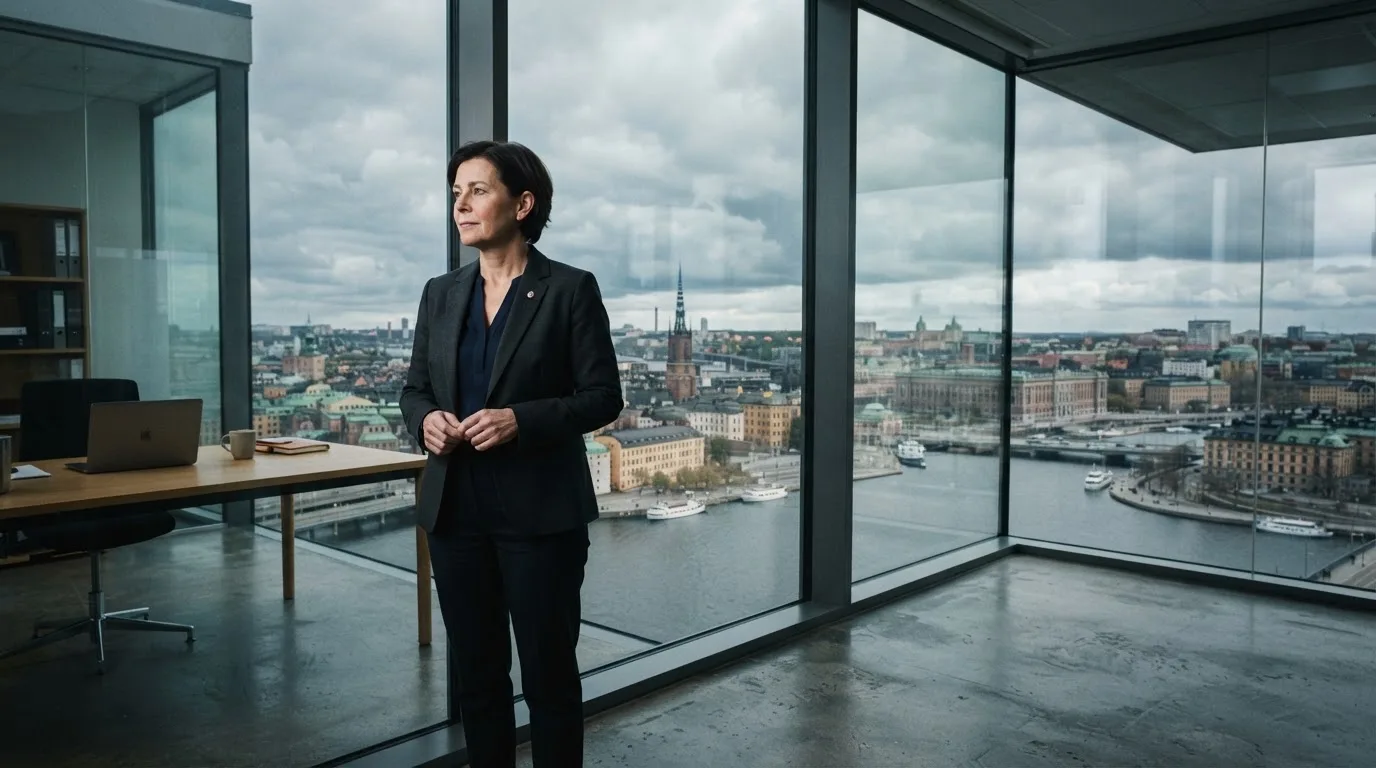 Virkailija seisoo ikkunan ääressä korkeassa virastorakennuksessa, taustalla näkyy pilvinen taivas ja kaupunkimaisema.