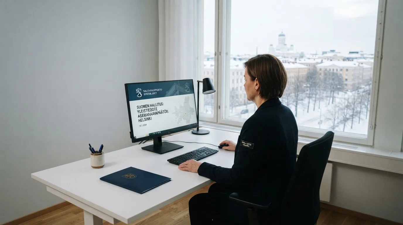 Virkailija istuu vaaleassa virastohuoneessa tietokoneen ääressä, ikkunasta näkyy talvinen kaupunkimaisema.