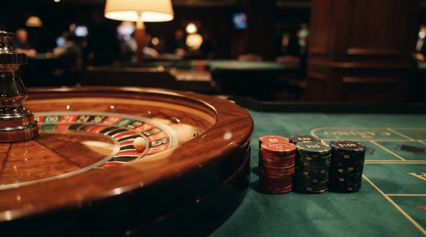 Rulettipyörä ja pelimerkit vihreällä huovalla lämpimässä iltavalossa — kolikkopelit casino pelit