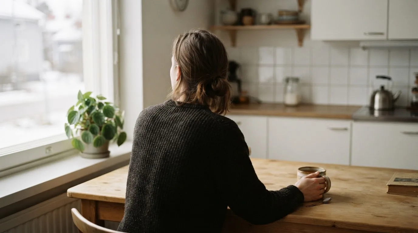 Henkilö istuu keittiön pöydän ääressä teekupin kanssa katsoen ulos ikkunasta rauhallisesti.