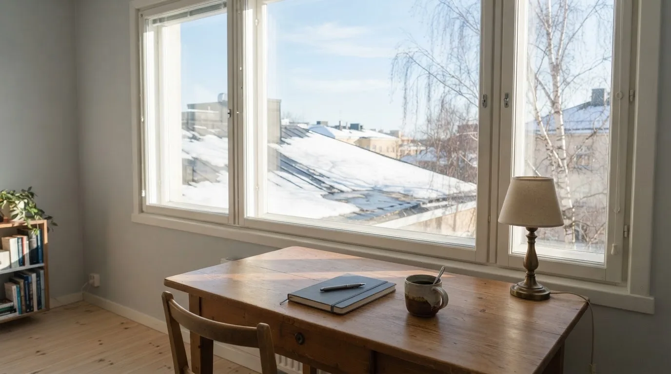 Toimistohuoneen ikkunasta näkyy maaliskuun aamu, lumi sulaa katolla auringonpaisteessa hiljaisella aamulla.