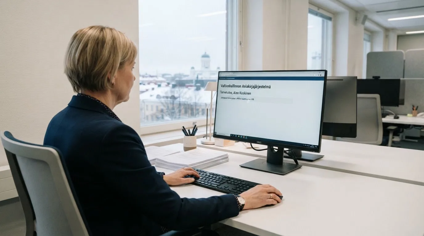 Virkailija istuu vaaleassa virastohuoneessa tietokoneen ääressä, ikkunasta näkyy talvinen kaupunkimaisema.